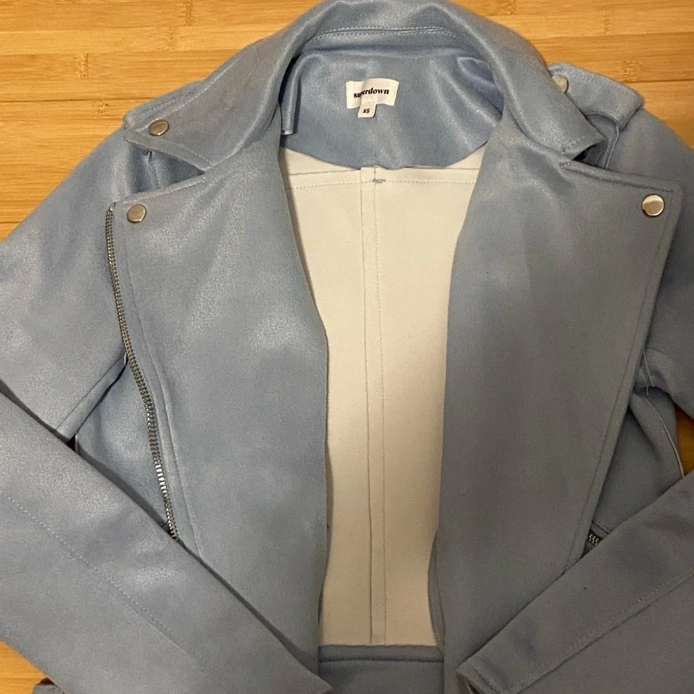 Superdown x Revolve Light Blue Faux Suede Moto Biker Jacket XS
